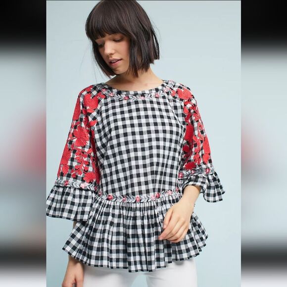 Pankaj & Nidhi Gingham Swing Tunic Black White Red Embroidery Size S - Picture 1 of 16